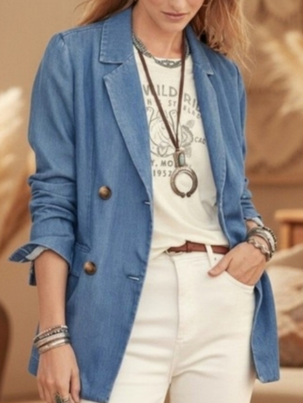 Sundance Oaklee Blue Denim Blazer Jacket Size XXL Coastal Preppy Western Office